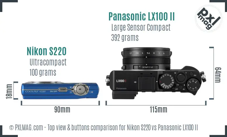 Nikon S220 vs Panasonic LX100 II top view buttons comparison