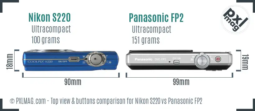 Nikon S220 vs Panasonic FP2 top view buttons comparison