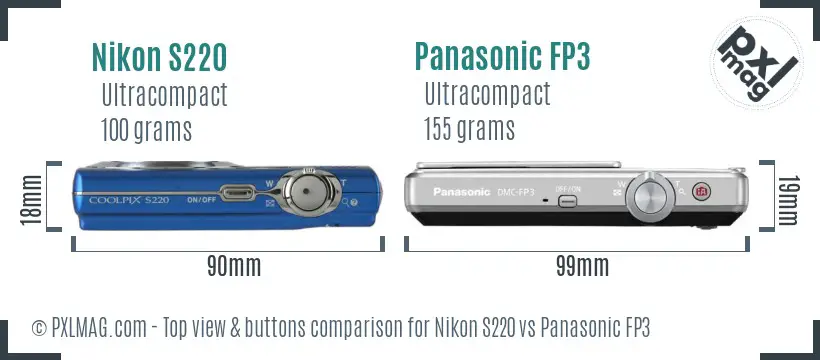 Nikon S220 vs Panasonic FP3 top view buttons comparison Nikon S220 vs Panasonic FP3 top view buttons comparison
