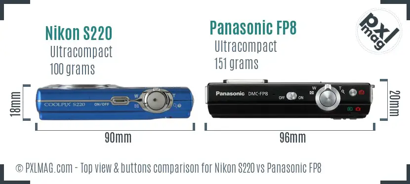 Nikon S220 vs Panasonic FP8 top view buttons comparison