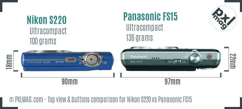Nikon S220 vs Panasonic FS15 top view buttons comparison