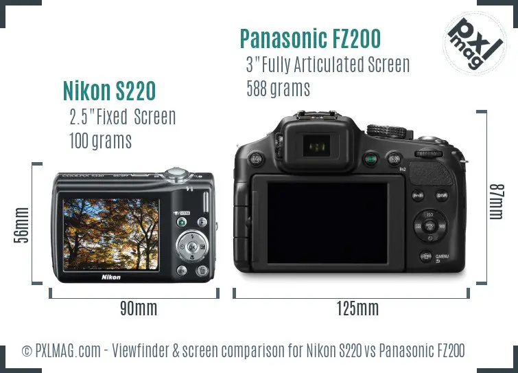 Nikon S220 vs Panasonic FZ200 Screen and Viewfinder comparison