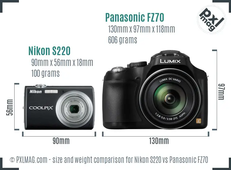 Nikon S220 vs Panasonic FZ70 size comparison