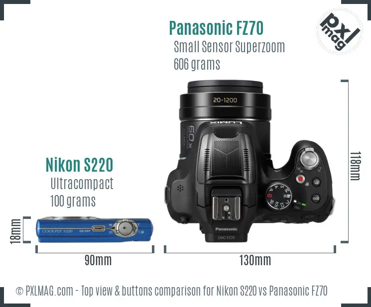 Nikon S220 vs Panasonic FZ70 top view buttons comparison