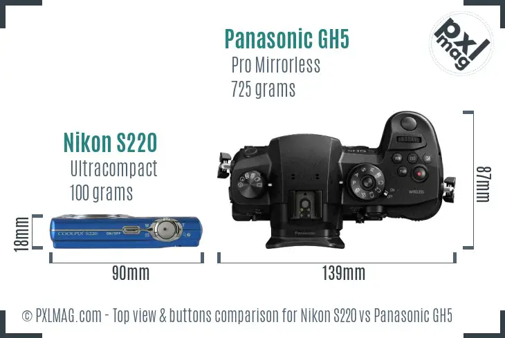 Nikon S220 vs Panasonic GH5 top view buttons comparison