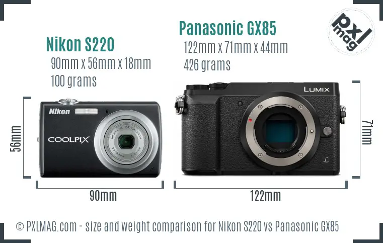 Nikon S220 vs Panasonic GX85 size comparison