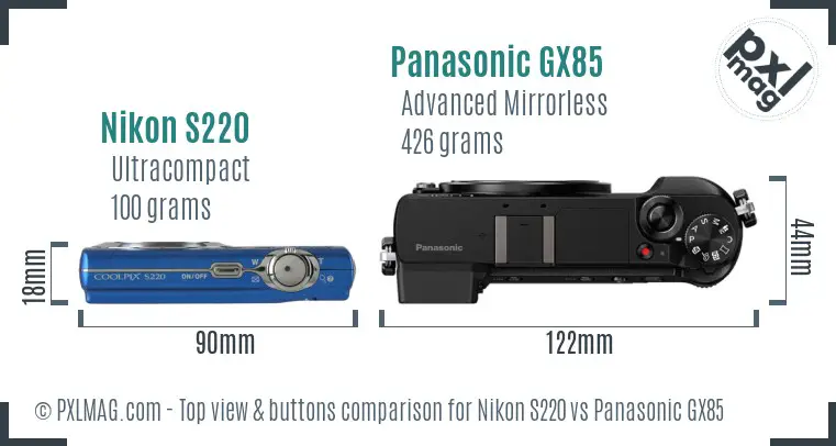 Nikon S220 vs Panasonic GX85 top view buttons comparison