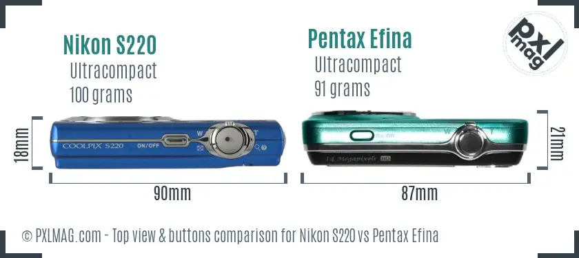 Nikon S220 vs Pentax Efina top view buttons comparison