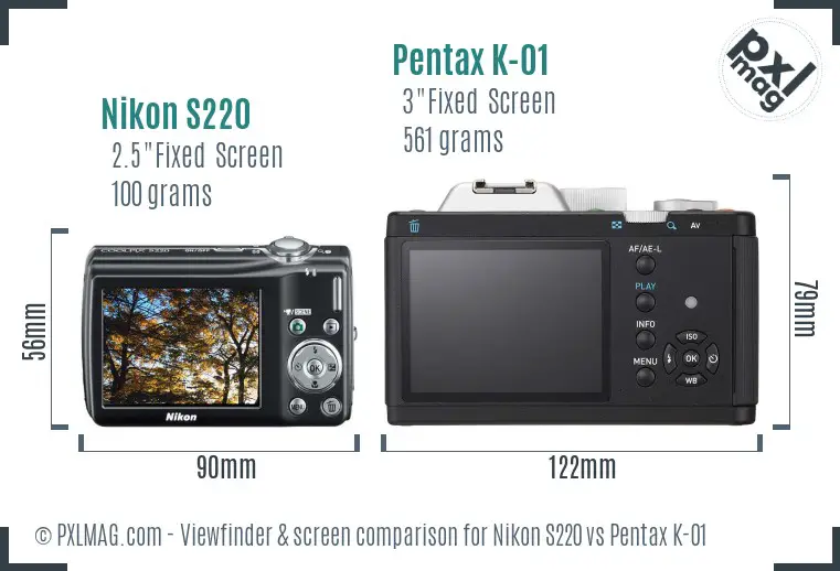Nikon S220 vs Pentax K-01 Screen and Viewfinder comparison