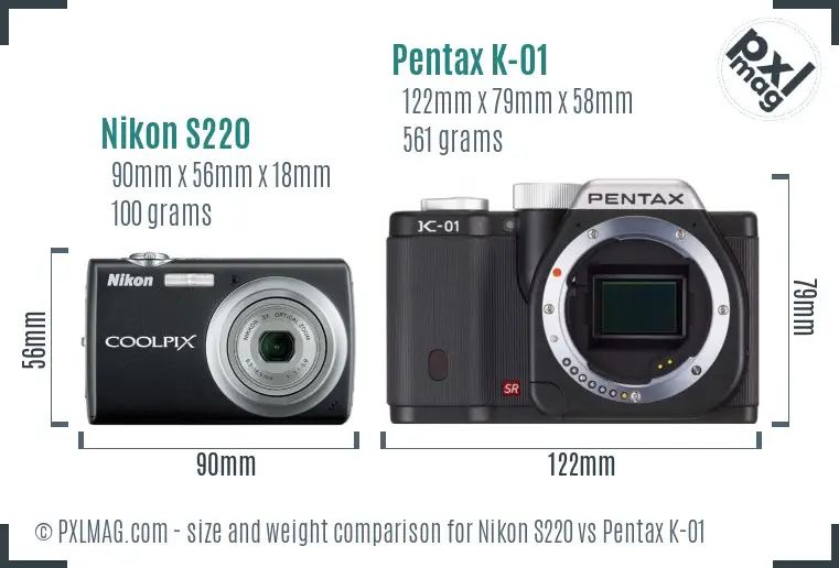 Nikon S220 vs Pentax K-01 size comparison