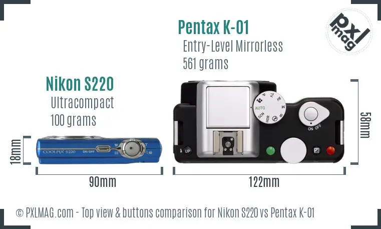 Nikon S220 vs Pentax K-01 top view buttons comparison