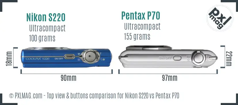 Nikon S220 vs Pentax P70 top view buttons comparison