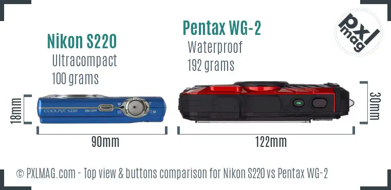 Nikon S220 vs Pentax WG-2 top view buttons comparison