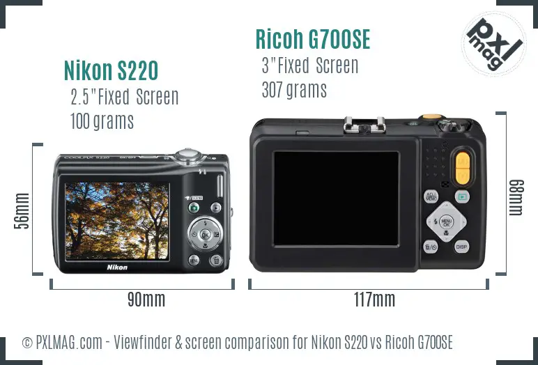 Nikon S220 vs Ricoh G700SE Screen and Viewfinder comparison