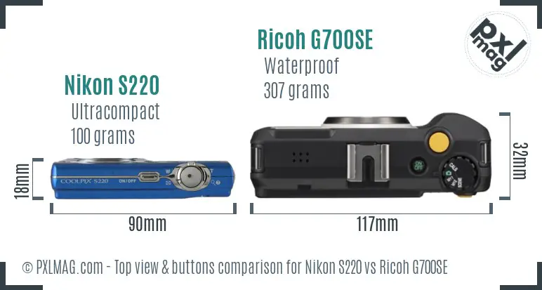 Nikon S220 vs Ricoh G700SE top view buttons comparison