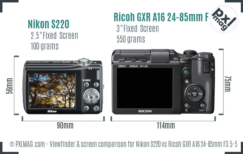 Nikon S220 vs Ricoh GXR A16 24-85mm F3.5-5.5 Screen and Viewfinder comparison