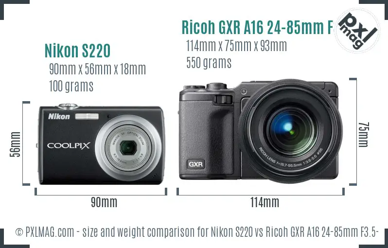 Nikon S220 vs Ricoh GXR A16 24-85mm F3.5-5.5 size comparison
