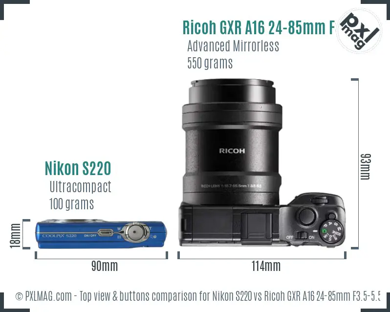 Nikon S220 vs Ricoh GXR A16 24-85mm F3.5-5.5 top view buttons comparison