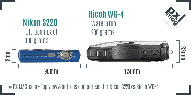 Nikon S220 vs Ricoh WG-4 top view buttons comparison