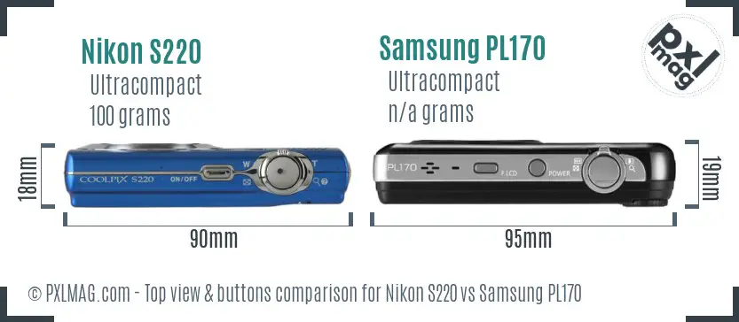 Nikon S220 vs Samsung PL170 top view buttons comparison