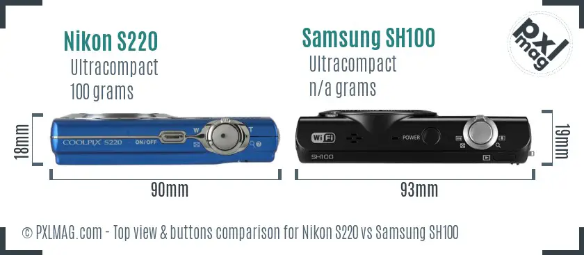 Nikon S220 vs Samsung SH100 top view buttons comparison