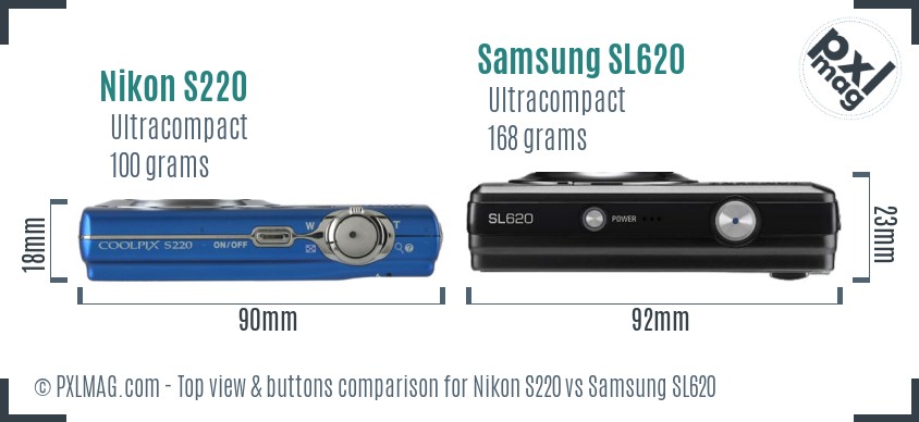 Nikon S220 vs Samsung SL620 top view buttons comparison
