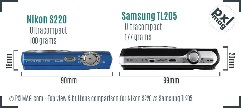 Nikon S220 vs Samsung TL205 top view buttons comparison