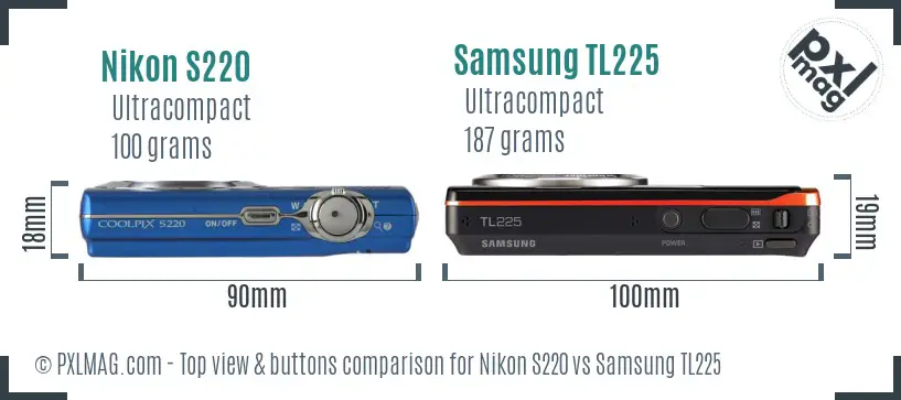 Nikon S220 vs Samsung TL225 top view buttons comparison