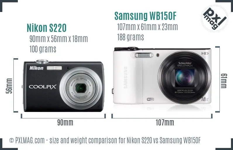 Nikon S220 vs Samsung WB150F size comparison