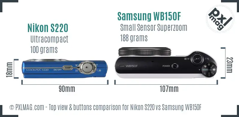 Nikon S220 vs Samsung WB150F top view buttons comparison