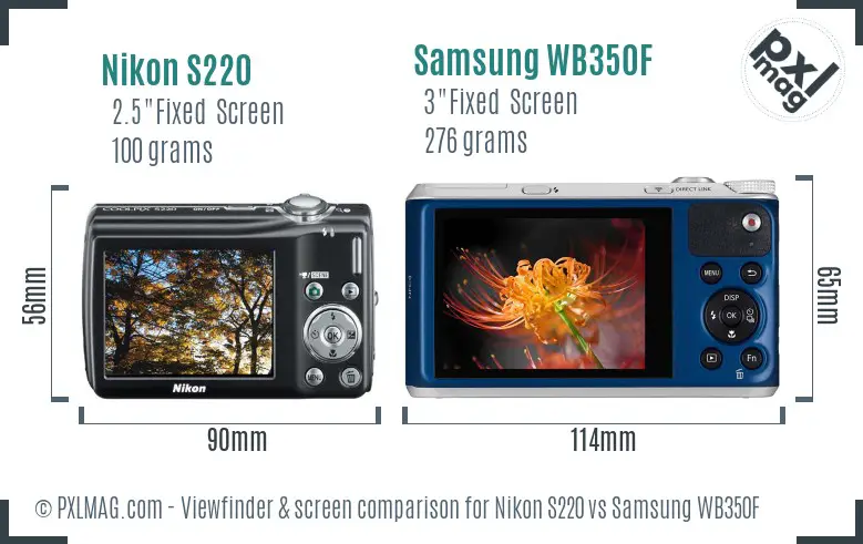 Nikon S220 vs Samsung WB350F Screen and Viewfinder comparison