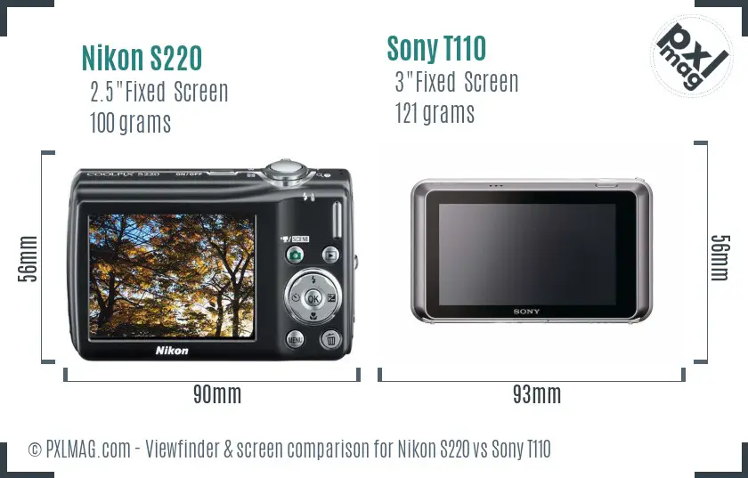 Nikon S220 vs Sony T110 Screen and Viewfinder comparison