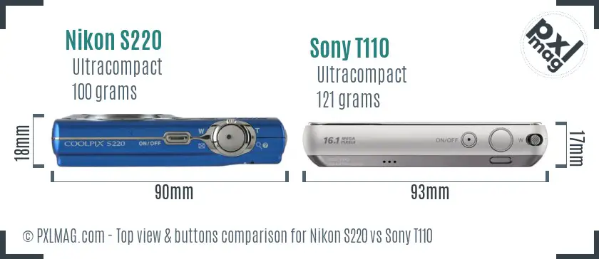 Nikon S220 vs Sony T110 top view buttons comparison