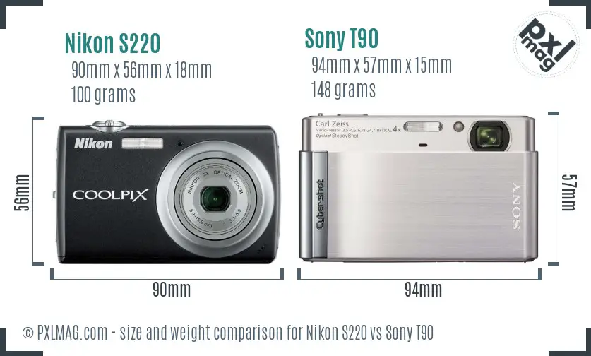 Nikon S220 vs Sony T90 size comparison