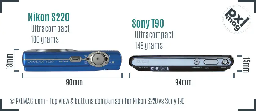 Nikon S220 vs Sony T90 top view buttons comparison