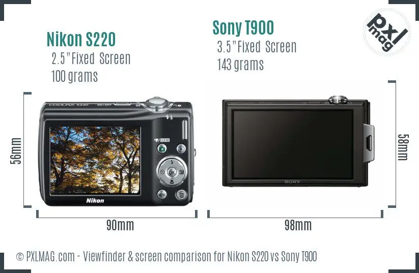 Nikon S220 vs Sony T900 Screen and Viewfinder comparison