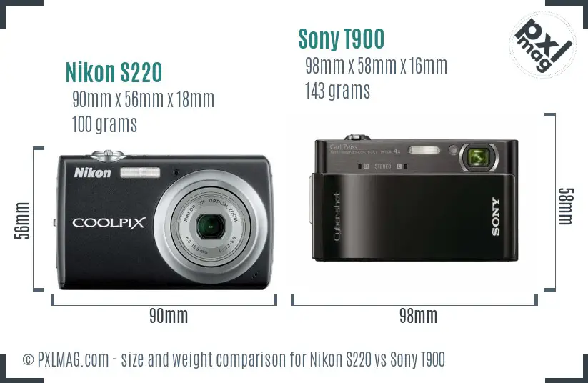 Nikon S220 vs Sony T900 size comparison