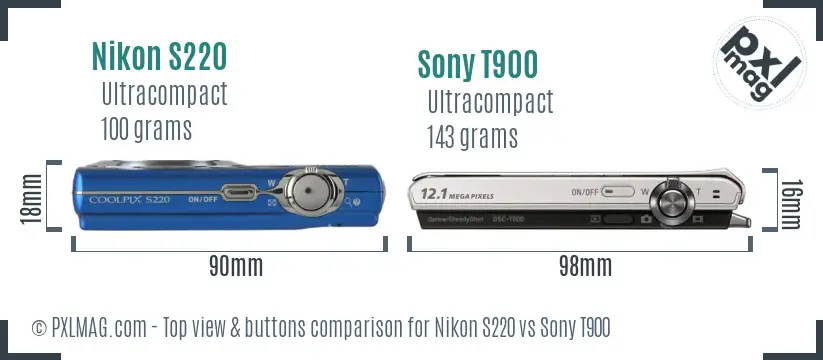 Nikon S220 vs Sony T900 top view buttons comparison