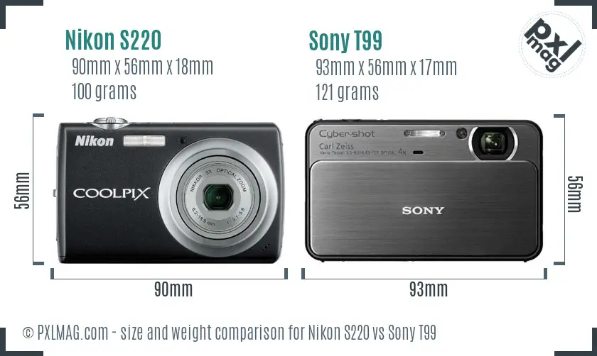Nikon S220 vs Sony T99 size comparison