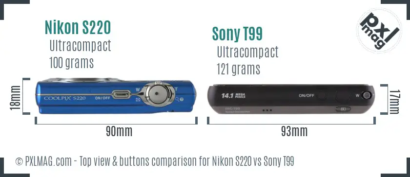 Nikon S220 vs Sony T99 top view buttons comparison