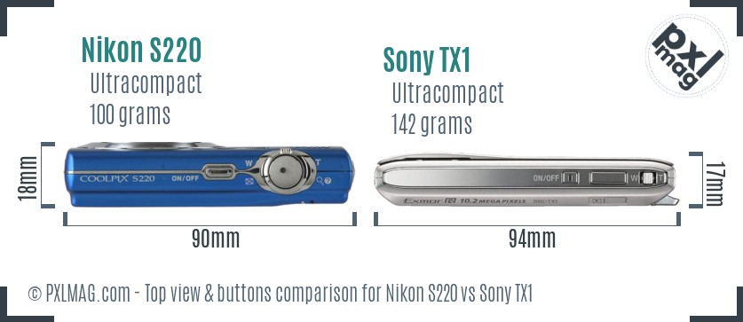 Nikon S220 vs Sony TX1 top view buttons comparison