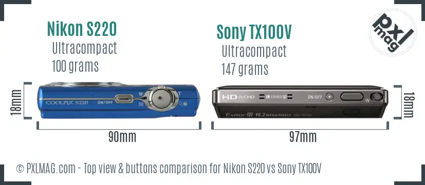 Nikon S220 vs Sony TX100V top view buttons comparison