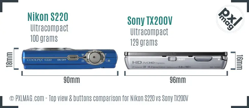 Nikon S220 vs Sony TX200V top view buttons comparison