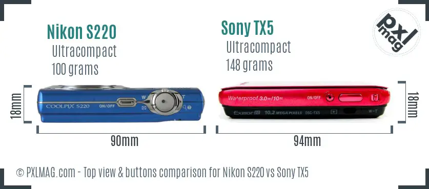 Nikon S220 vs Sony TX5 top view buttons comparison