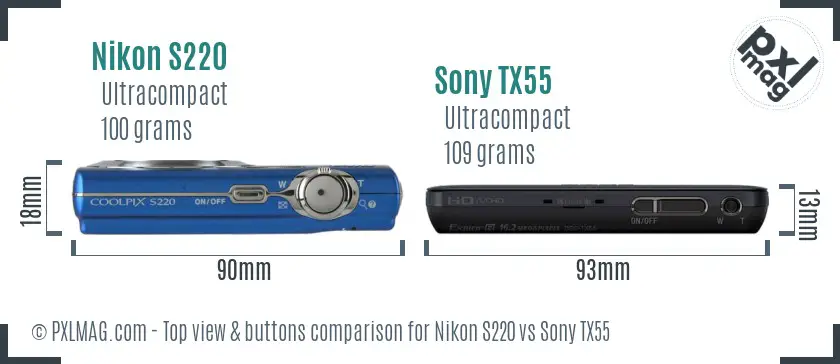 Nikon S220 vs Sony TX55 top view buttons comparison
