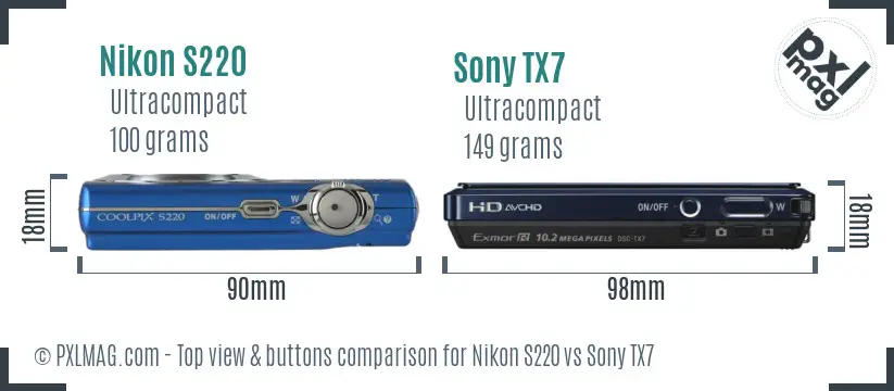 Nikon S220 vs Sony TX7 top view buttons comparison