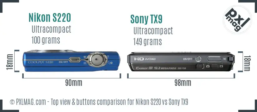 Nikon S220 vs Sony TX9 top view buttons comparison