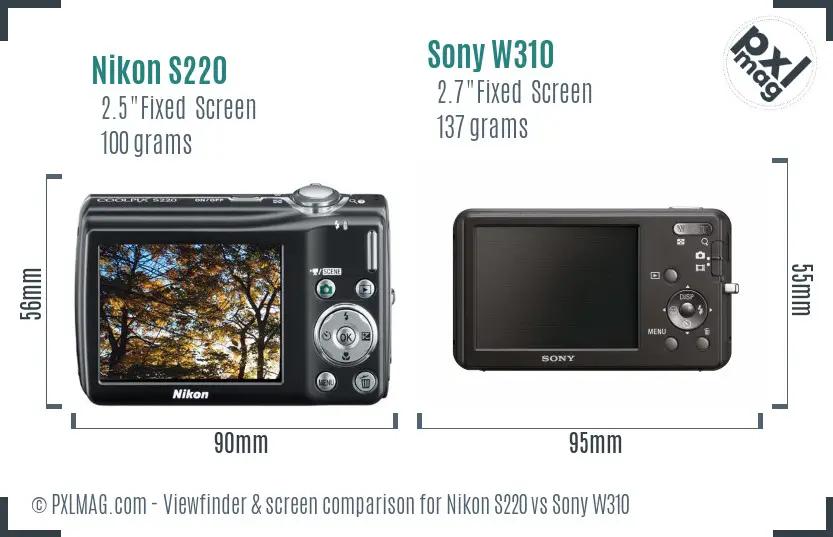 Nikon S220 vs Sony W310 Screen and Viewfinder comparison