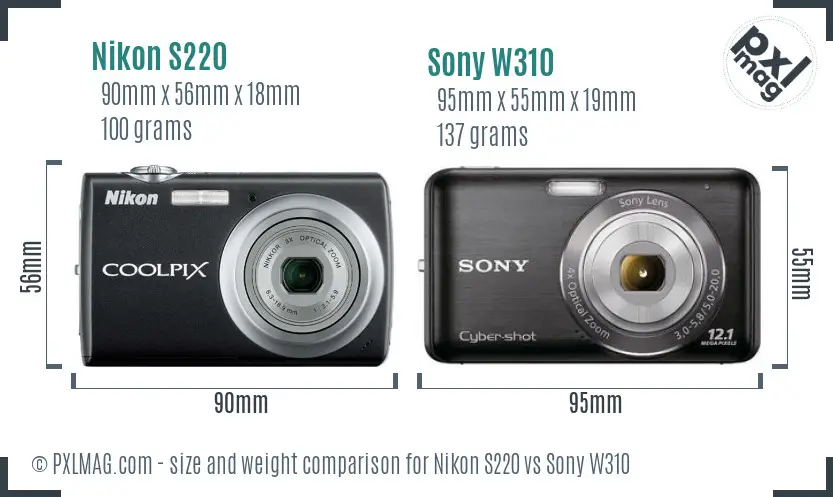 Nikon S220 vs Sony W310 size comparison