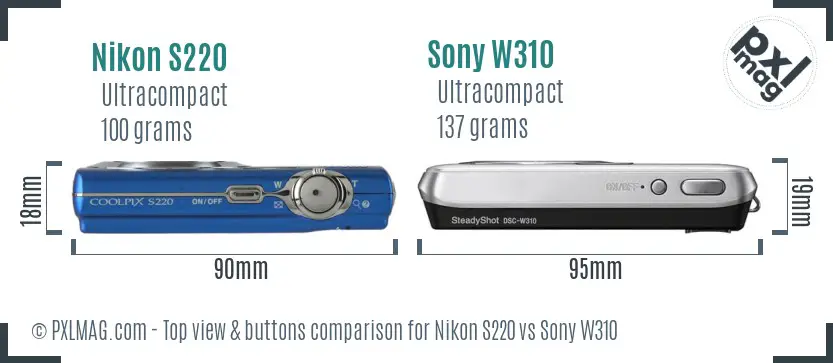 Nikon S220 vs Sony W310 top view buttons comparison